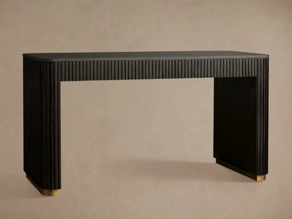 Finnley Writing Desk with a dark reeded wood drawer, featuring a light brass zinc-alloy finger pull, and a bluestone top.