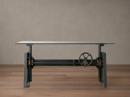Industrial Crank Desk with Glass Top