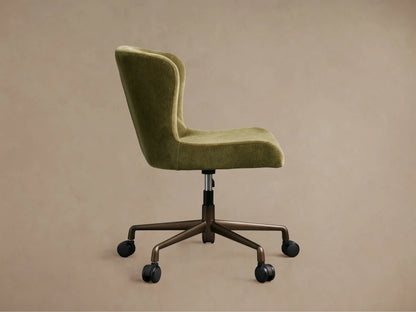 Kirsten Desk Chair, olive green upholstered with high back, from rear. Dark bronze powder-coated 5-star base, casters, hydraulic lift.