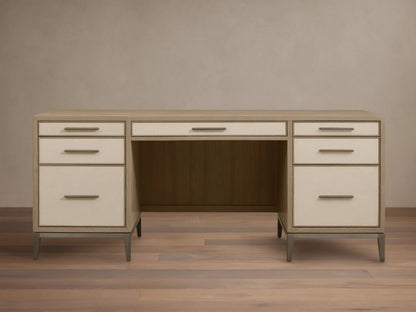 Front view of a Bone Malone Executive Desk with off-white shagreen leather drawer fronts and dark steel legs.