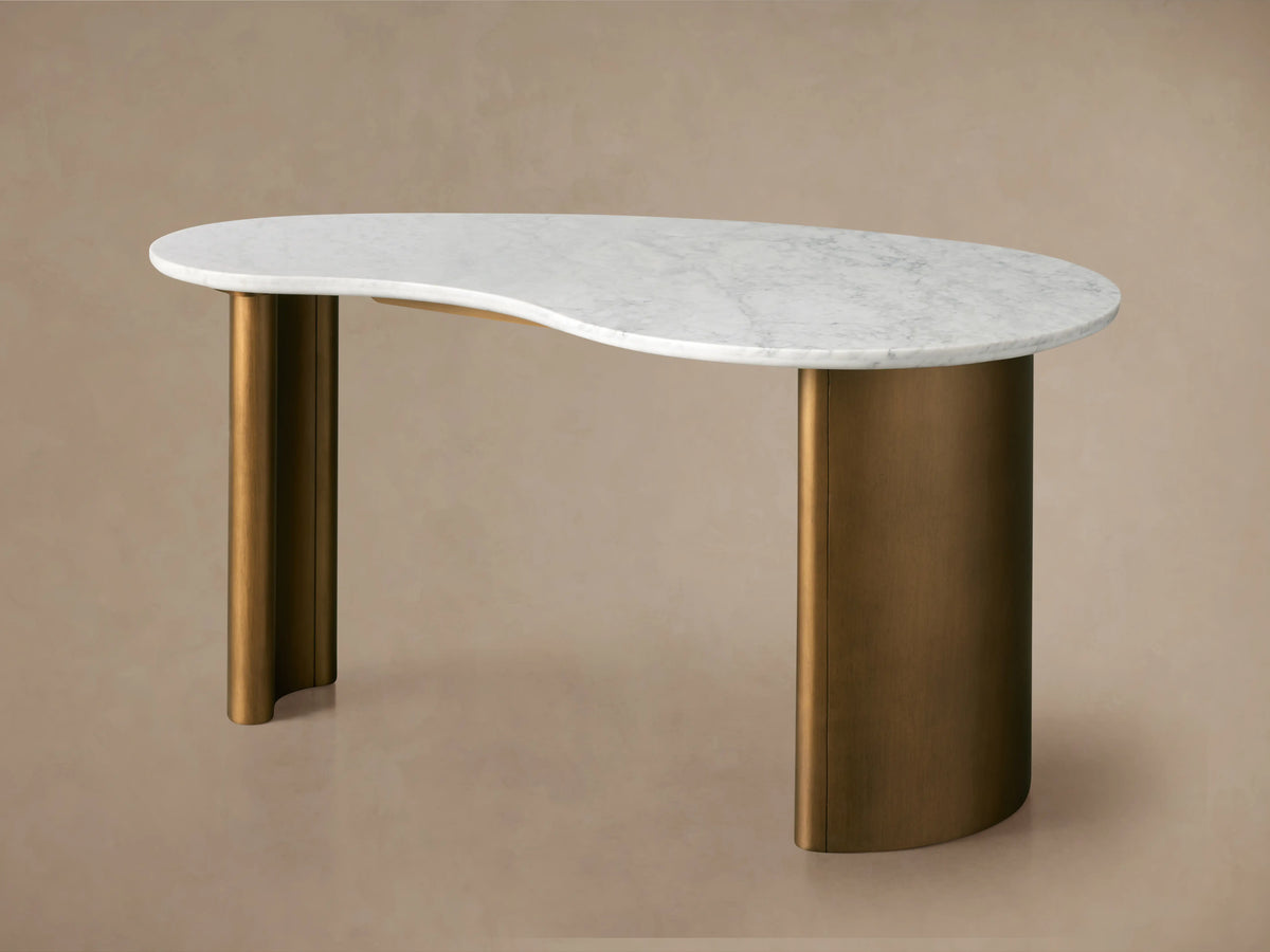 Kidney-shaped Marlie Writing Desk with a hand-honed white marble top and rounded edges, on antique copper finish rubberwood bases.