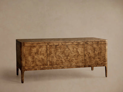 Front view of the Mogadore Executive Desk, crafted from warm brown Mappa burl wood, featuring intricate grain and tapered legs.