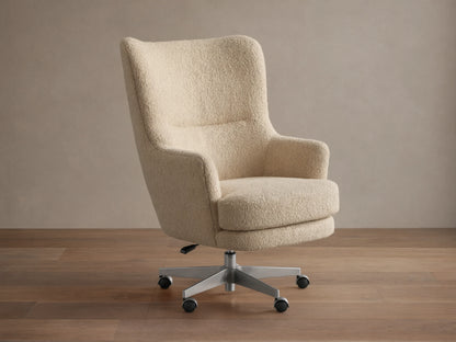 Montrose Desk Chair, light beige boucl??, high back, integrated arms, brushed metal 5-star caster base.