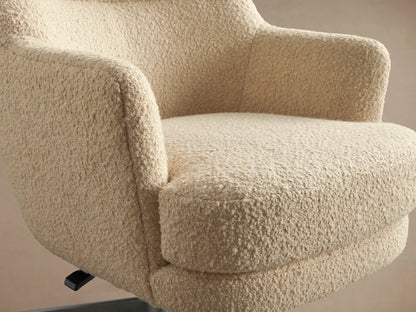 Montrose Desk Chair. Front view of a cream boucl?? fabric high-back office chair with a silver 5-star base on casters.