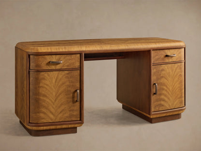 Front view of the brown Palma Executive Desk, featuring cerajeira wood veneers with arched graining, drawers, doors, and antique bronze hardware.