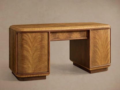 Close-up of the Palma Executive Desk, showing the honey cerajeira wood drawer with an antique bronze pull and an open cabinet door revealing a shelf.