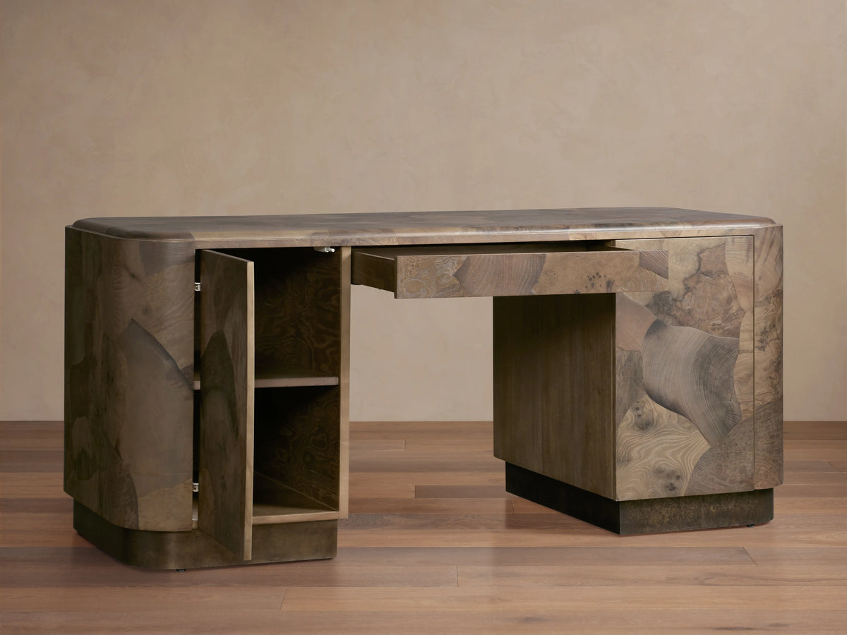 Polanco Executive Desk made of oyster-cut ash with natural graining and earthy tones, featuring a solid rectangular form.