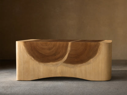Ramiro Executive Desk, front view. Light wood with prominent dark, semicircular Guanacaste grain pattern, rounded edges.