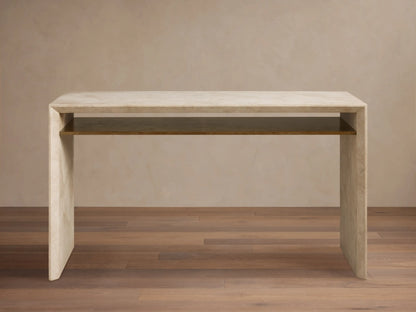 Sarsen Stone Desk in a minimalist design, with clean lines and a natural stone texture, on a wooden floor background.