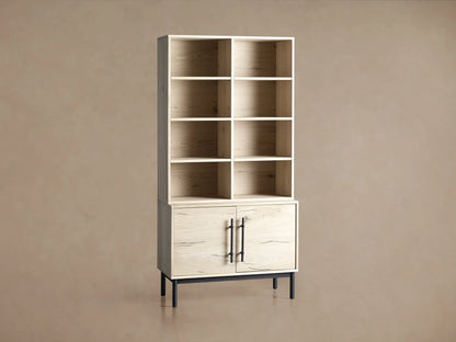Sullivan Bookcase with Cabinet Base in light oak finish on hardwood floor, featuring upper shelves and lower cabinet with iron handles.