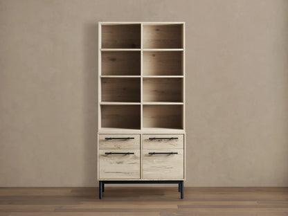 Sullivan Bookcase with File Base shown in light wood finish with four shelves above two drawer cabinets, black iron handles, on wooden floor.