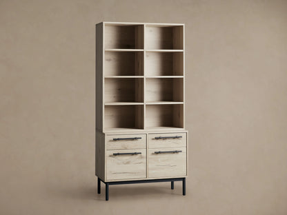 Sullivan Bookcase with File Base in light Northman Oak finish, featuring six open shelves and four drawers, two partially open, with black iron handles.