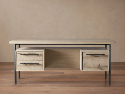 Sullivan Executive Desk in light oak with two drawers featuring black iron handles, set on a metal frame, highlighting natural wood textures.