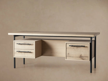 Sullivan Executive Desk in light oak with two drawers featuring black iron handles, set on a metal frame, highlighting natural wood textures.