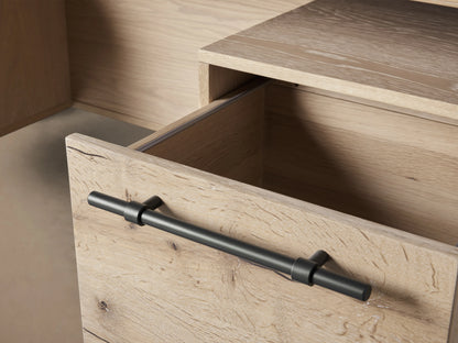 Sullivan Executive Desk in light oak finish with black iron handles and legs, featuring two drawers on left, large file drawer on right.