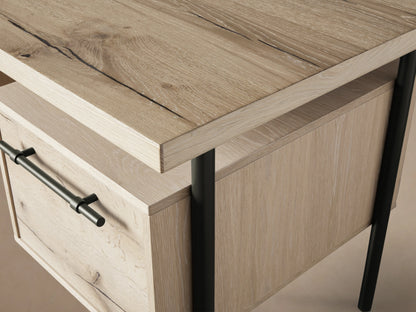 Sullivan Executive Desk in light Northman Oak finish, features two drawers with black iron handles and open shelves, set on black metal legs.