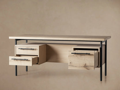 Sullivan Executive Desk corner showing natural oak grain on top, black resin-filled cracks, a drawer with an iron handle, and metal legs.