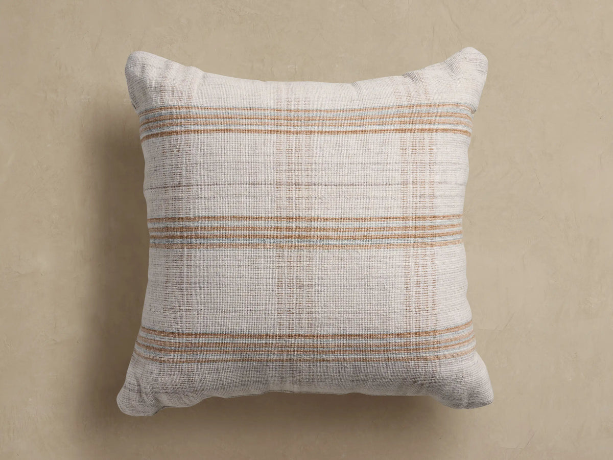Brescia Outdoor Floor Pillow, square, light off-white with horizontal brown stripes and subtle grid pattern, woven texture.