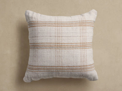 Brescia Outdoor Floor Pillow, square, light off-white with horizontal brown stripes and subtle grid pattern, woven texture.