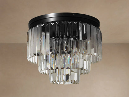 Leyland Flush Mount with tiered clear K9 crystal prisms and black oil-rubbed iron frame, illuminated on a light ceiling.