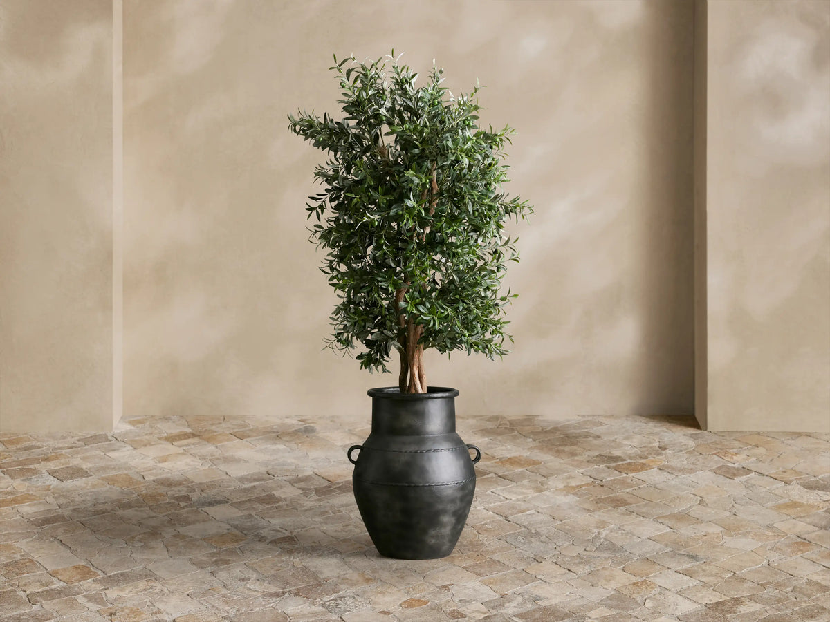 Ilya Outdoor Planter, charcoal gray aluminum with aged finish. Close-up shows two ring handles & decorative braided bands.