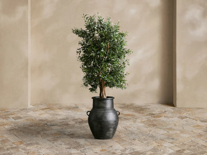 Ilya Outdoor Planter, charcoal gray aluminum with aged finish. Close-up shows two ring handles & decorative braided bands.