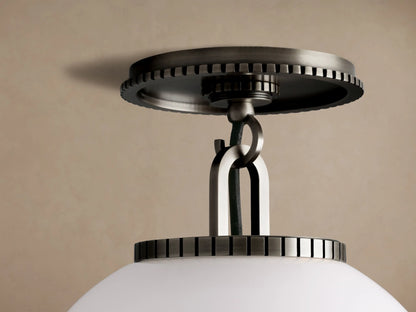 Wescott Globe Flush Mount with a white milk glass globe and dark bronze-toned metal hardware, flush-mounted on a beige ceiling.