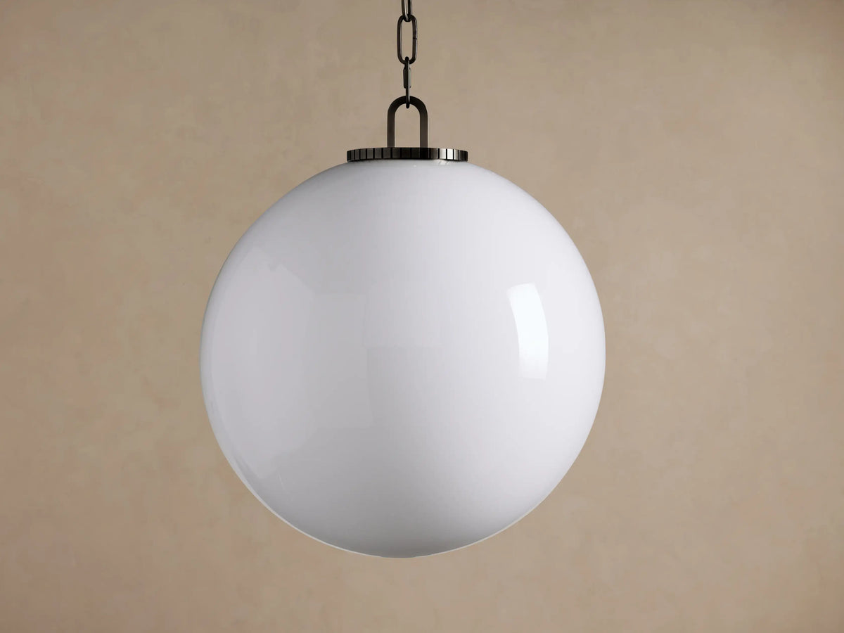 Wescott Globe Pendant with Chain, featuring a large white milk glass globe hanging from a dark bronze chain.