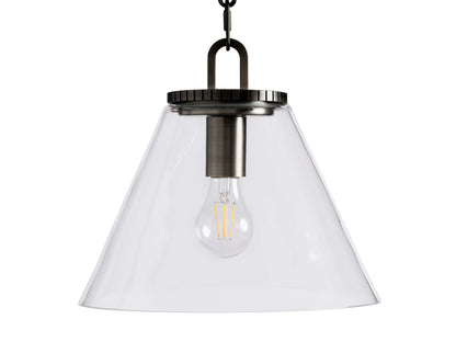 The Wescott Cone Pendant features a clear glass cone shade with a visible bulb inside, a bronze finish at the top, and a hanging chain.