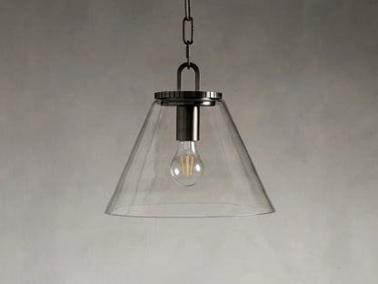 Clear glass cone pendant light with visible bulb, suspended by a dark metal chain against a neutral background.
