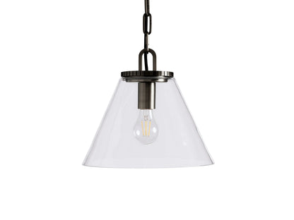 Wescott Cone Pendant with a clear glass cone shade, bronze-finished holder, and visible bulb, suspended by a bronze chain.