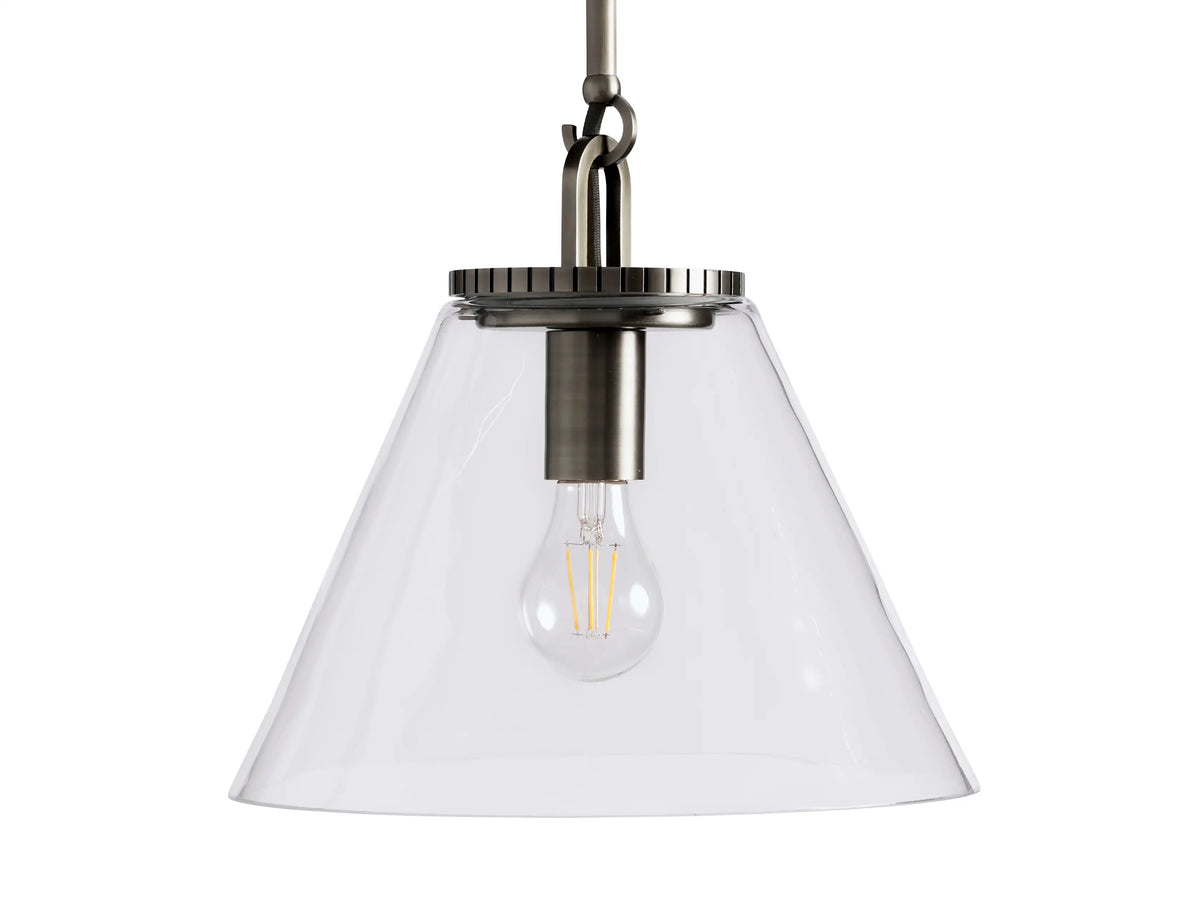 Cone-shaped pendant light with transparent glass shade, steel fixture in a bronze finish, and visible bulb inside.