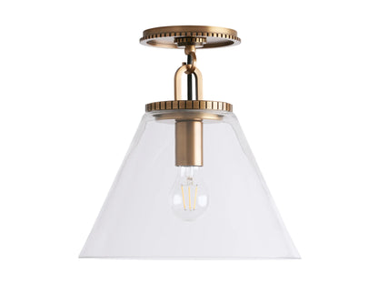 Cone-shaped flush mount with brass finish, clear glass shade, and visible bulb, mounted on a white ceiling.