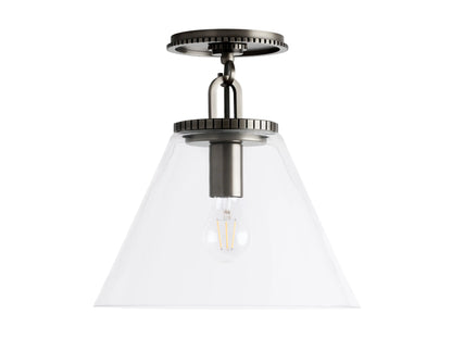 Wescott Cone Flush Mount with clear glass cone shade, visible bulb, and a metallic fixture against a gray ceiling.
