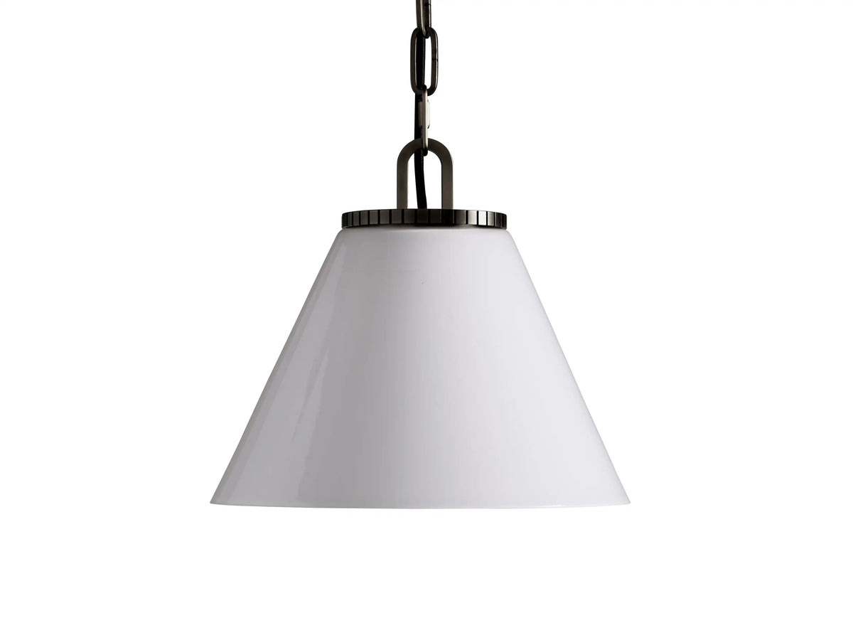 Wescott Cone Pendant with white milk glass cone shade, black chain, and brass finish, viewed against a white background.