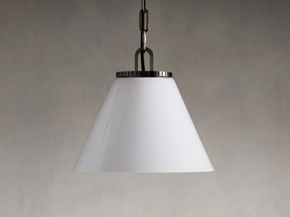 Wescott Cone Pendant with a smooth white glass canopy, dark metal chain, and brass or bronze accents against a neutral background.