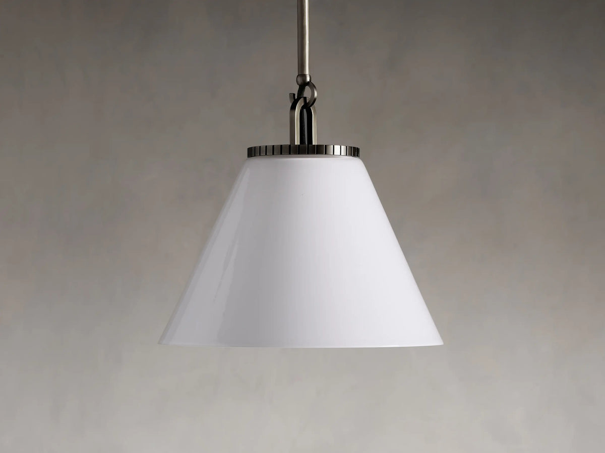 Wescott Cone Pendant with Rod in a brass finish, featuring a clear glass cone shade, hanging by a metal rod against a gray background.