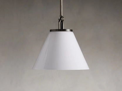 Wescott Cone Pendant with Rod in a brass finish, featuring a clear glass cone shade, hanging by a metal rod against a gray background.
