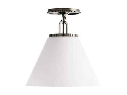 Wescott Cone Flush Mount with a white cone shade and metallic brass or bronze finish, featuring a ridged circular mount and connector.