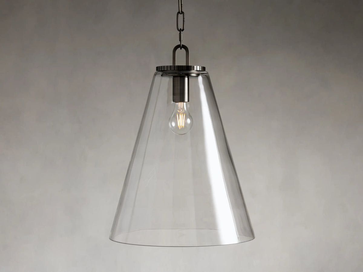 Clear glass cone pendant with visible bulb, black chain and metal fixture, displayed against a neutral gray background.