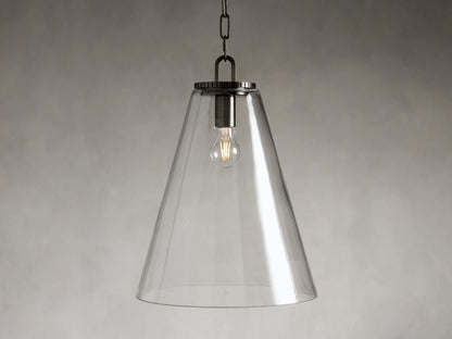Clear glass cone pendant with visible bulb, black chain and metal fixture, displayed against a neutral gray background.