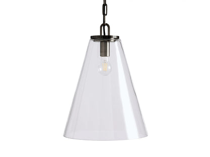 Cone-shaped pendant light with a clear glass shade, metallic fixture, chain, and visible bulb, suspended in a neutral setting.