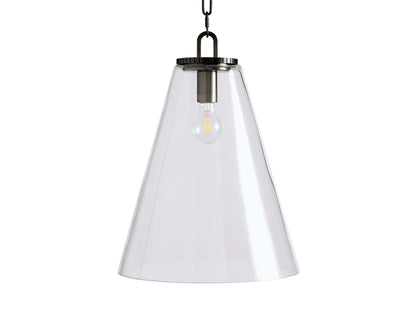 Wescott Cone Pendant with clear glass cone, black chain, and visible bulb socket, showcasing a modern steel design.
