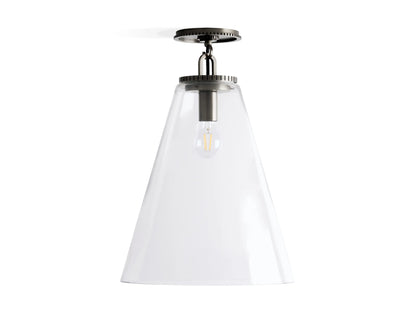 Wescott Cone Flush Mount with clear glass cone shade, metal fixture in bronze finish, visible bulb inside. Ceiling-mounted light.