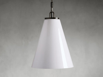 Wescott Cone Pendant with Chain features a white milk glass cone shade, hanging from a brass chain set against a grey background.
