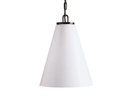 The Wescott Cone Pendant features a large milk glass cone shade suspended by a black chain, showcasing a modern, sleek design.