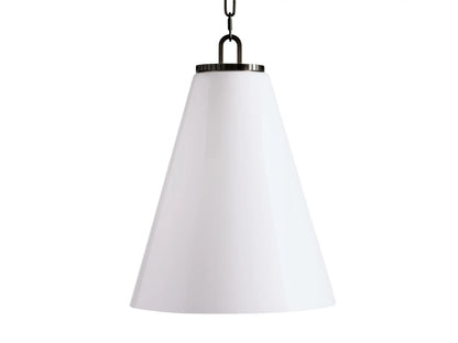 Wescott Cone Pendant with a sleek milk glass cone shade, suspended by a black fabric-wrapped chain.
