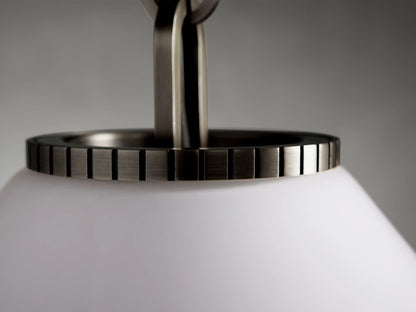 Wescott Cone Pendant with Chain featuring a close-up of the metallic rim and mounting detail on a smooth, white glass shade.
