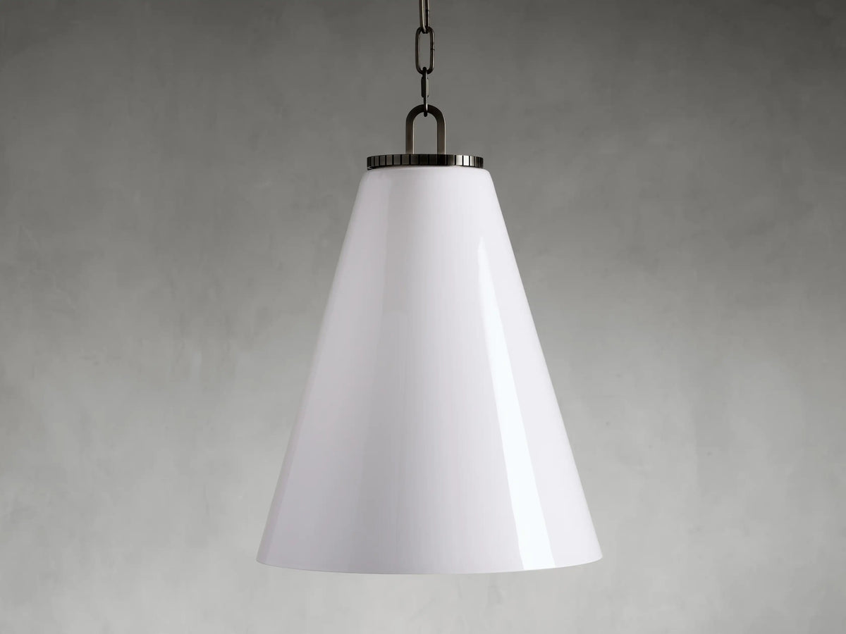 Wescott Cone Pendant with a white milk glass shade, conical shape, hanging from a chain with a black steel fixture.
