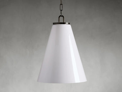 Wescott Cone Pendant with a white milk glass shade, conical shape, hanging from a chain with a black steel fixture.
